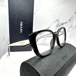 New PRADA Eyeglasses Cat Eye Black White Gold 53-17-140 Womens